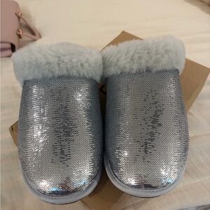 UGG Silver Sequin Slippers with Plush White Trim